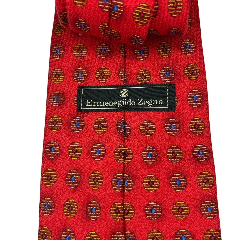 Ermenegildo Zegna‎ Silk Tie Men's Red Gold Blue Geometric Medallion Italy